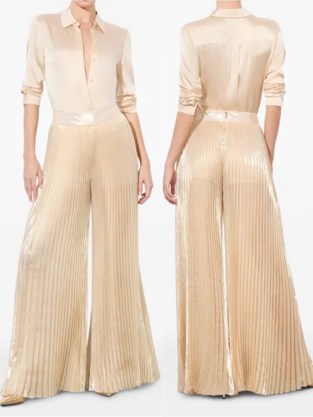 NEW NWT Alice + Olivia Rosalie Pleated Palazzo Pant Wide Leg Pant Champagne Gold